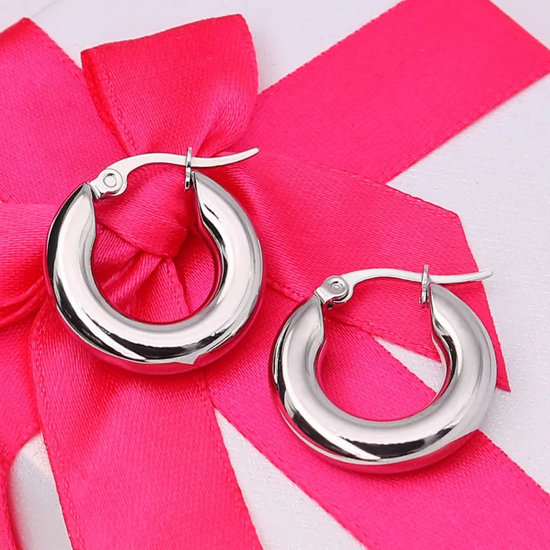 Surgical Steel Gold Color Tone Women Fat Chunky Earrings Stainless Wives Round Smooth Thick Hoops Statement Jewelry 20mm/25mm