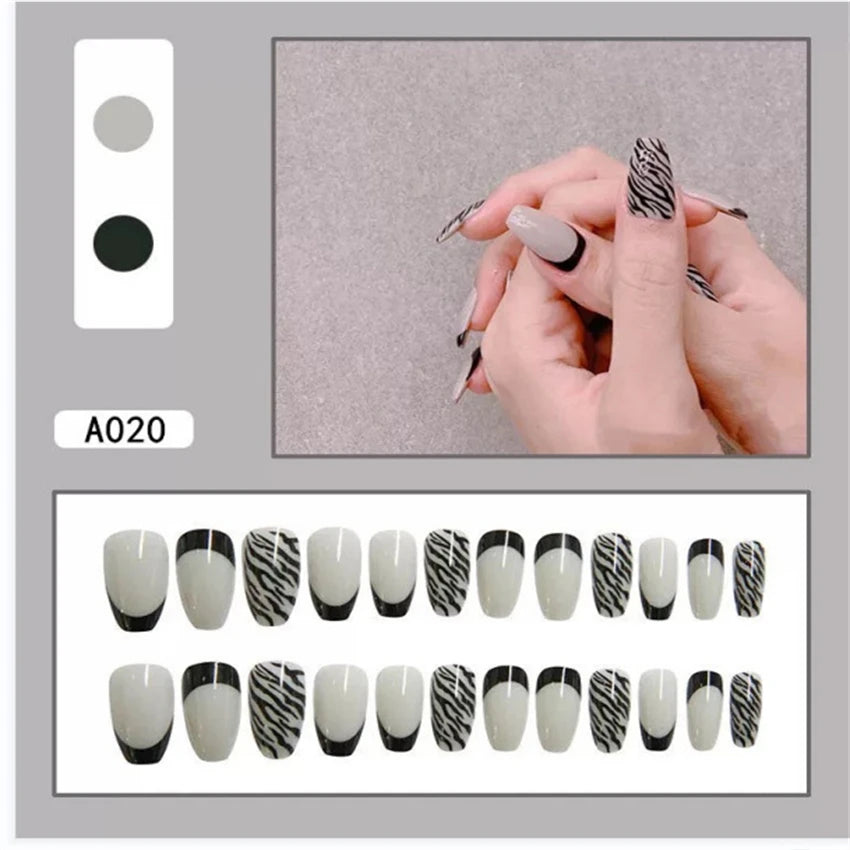 24Pcs Medium Long Ballet Fake Nails Art Flat Head Gold Line Frosted False Nails Press on Full Cover Removable Stick on Nail Tips