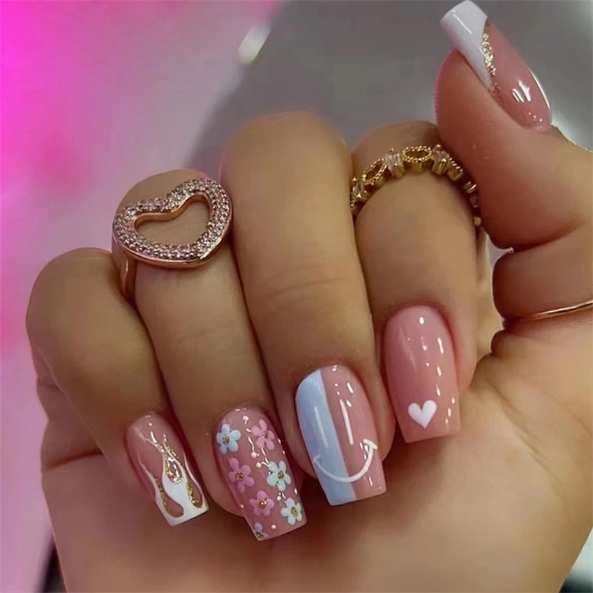 24Pcs Medium Long Ballet Fake Nails Art Flat Head Gold Line Frosted False Nails Press on Full Cover Removable Stick on Nail Tips