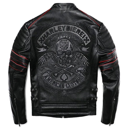 2025 New Embroidery Skull Fashion Genuine Leather Jacket Men's Natural Cowhide Motorcycle Jacket Slim Moto Coat Size S-6XL
