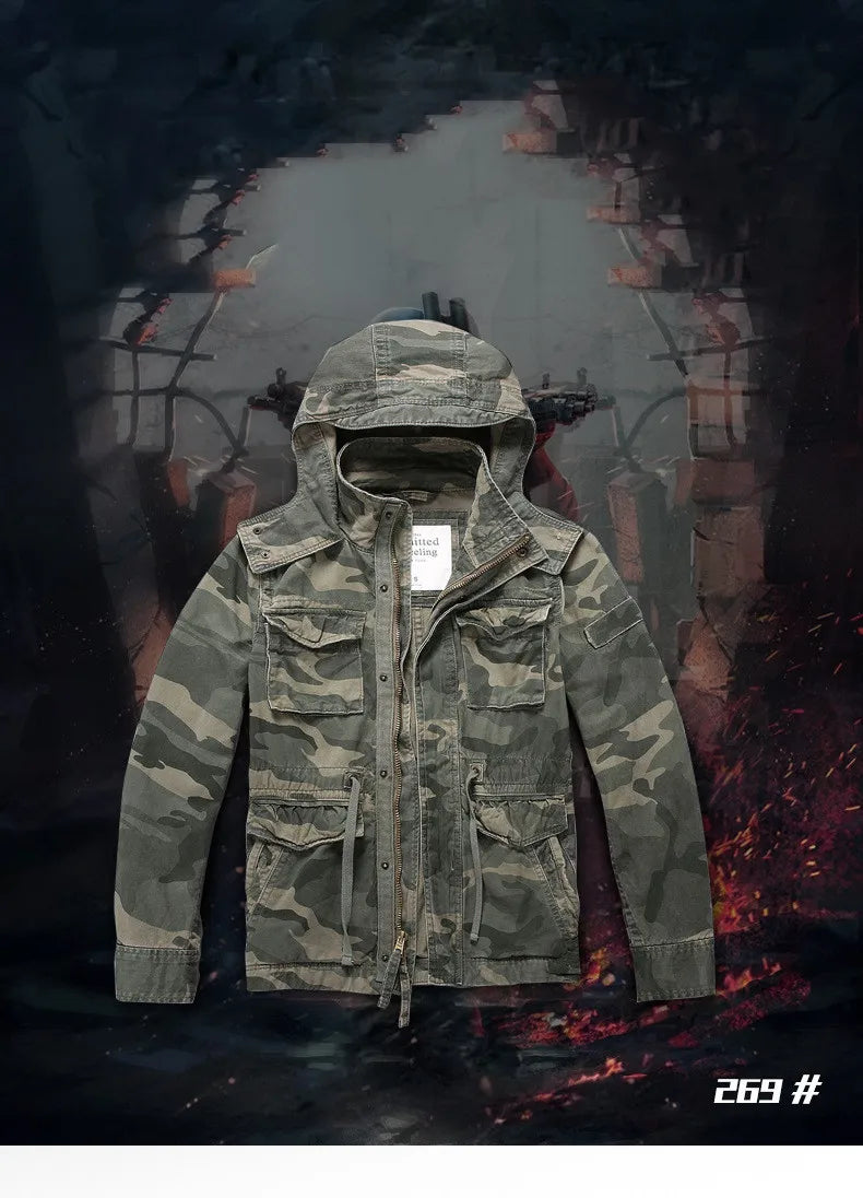 Men's Long Sleeved Hooded Camouflage Jacket Multi Bag Mid Length Storage Outdoor Trekking Camping Riding Sport Tops Amekaji Coat