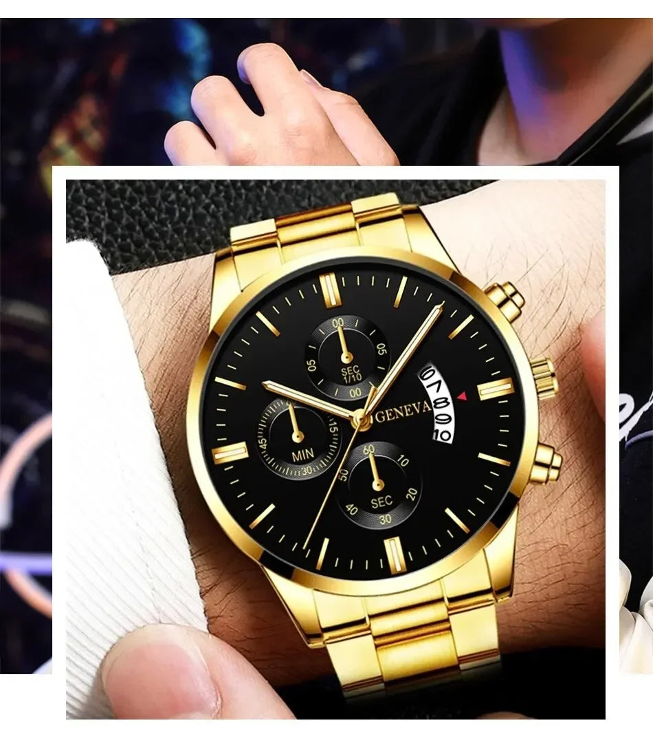 2023 Fashion Men Gold Stainless Steel Watch Luxury Calendar Quartz Wrist Watch Mens Business Watches for Man Clock Reloj Hombre