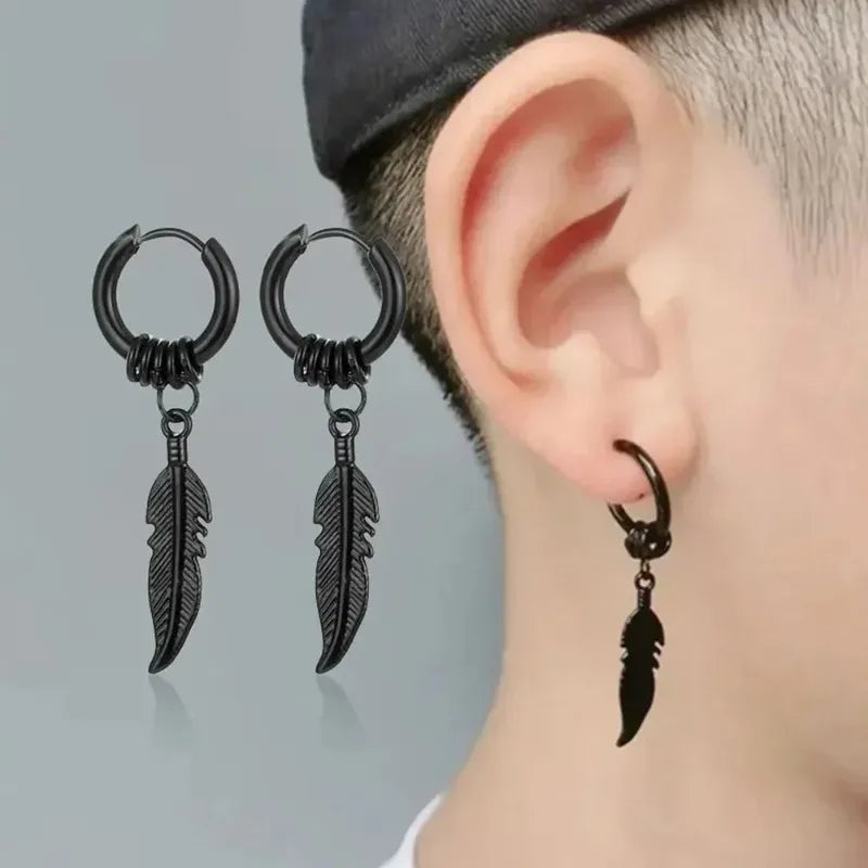 2pcs Fashion Cross Feather Stud Earrings, Punk Rock Style For Women Men High Quality Stainless Steel Hiphop Ear Jewelry