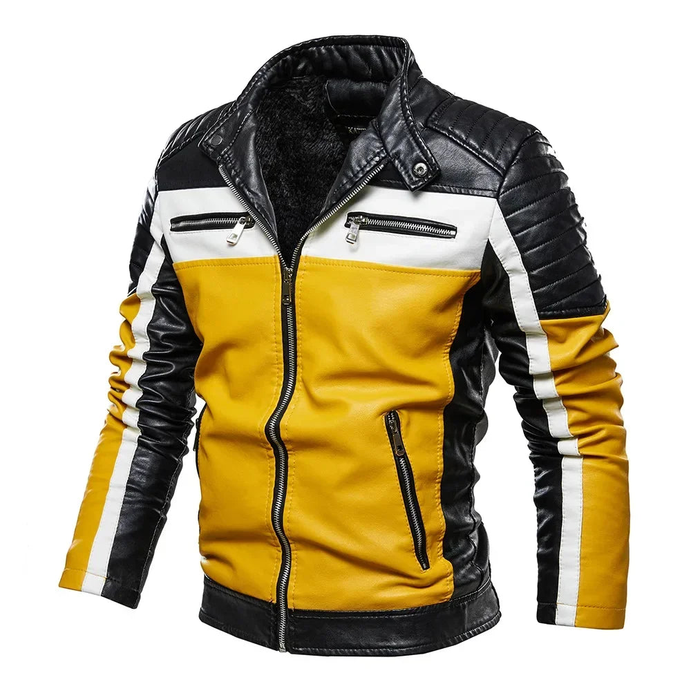 2024 Winter Black Leather Jacket Men Fur Lined Warm Motorcycle Jacket Slim Street Fashion BLack Biker Coat Pleated Design Zipper