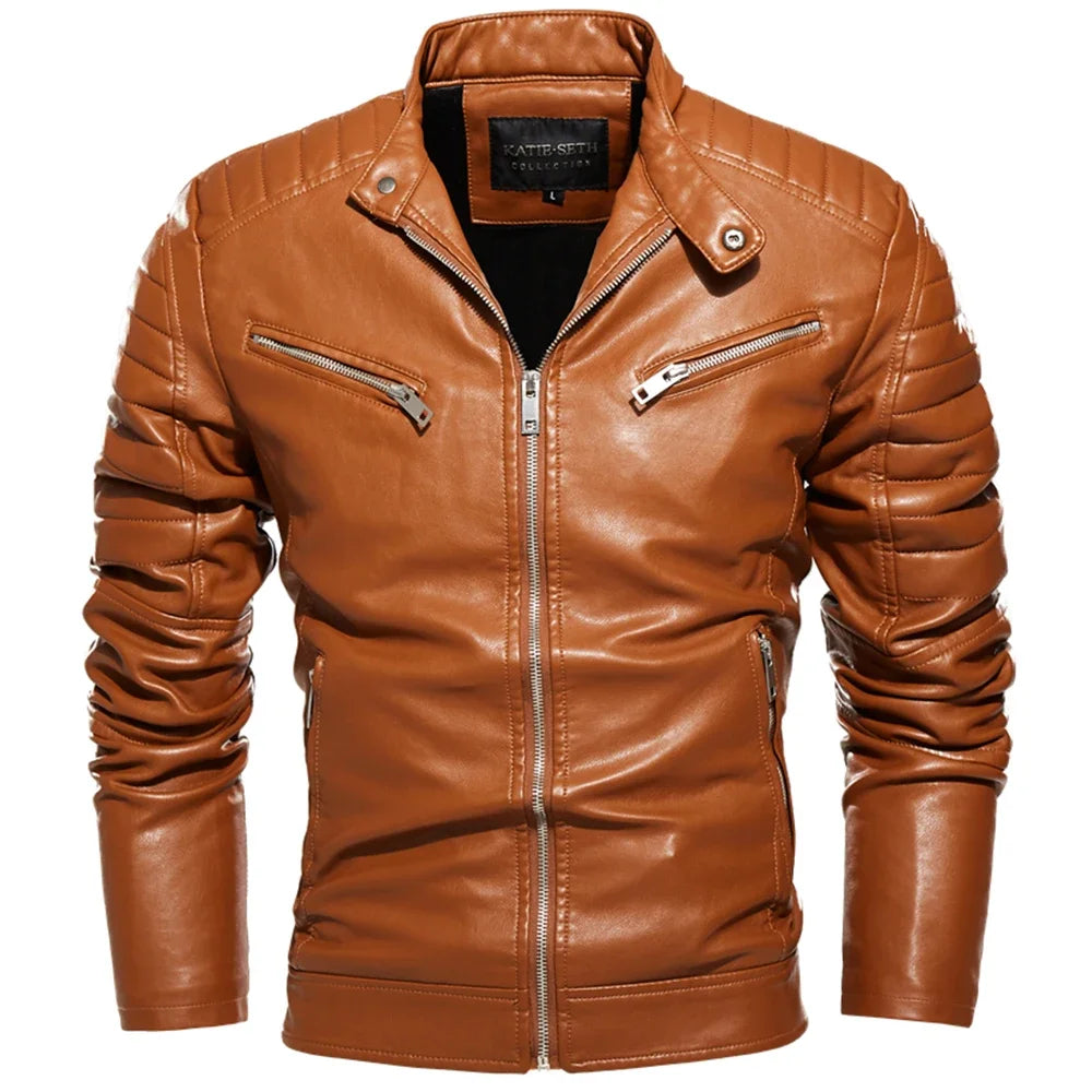 2024 Winter Black Leather Jacket Men Fur Lined Warm Motorcycle Jacket Slim Street Fashion BLack Biker Coat Pleated Design Zipper