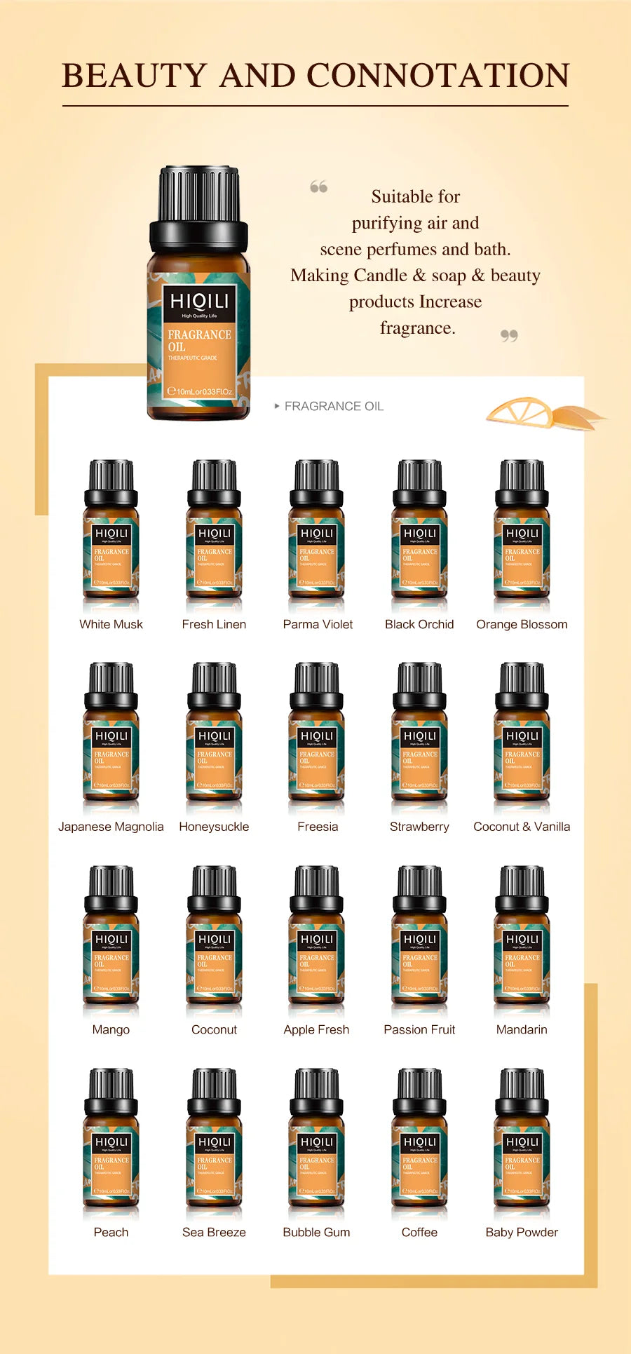 HIQILI 10ml Fragrance Oils, Best Oil for Home, Hotel,Travel ,Diffuser, Humidifier, Candle, Soap, Air Freshener and DIY Perfume