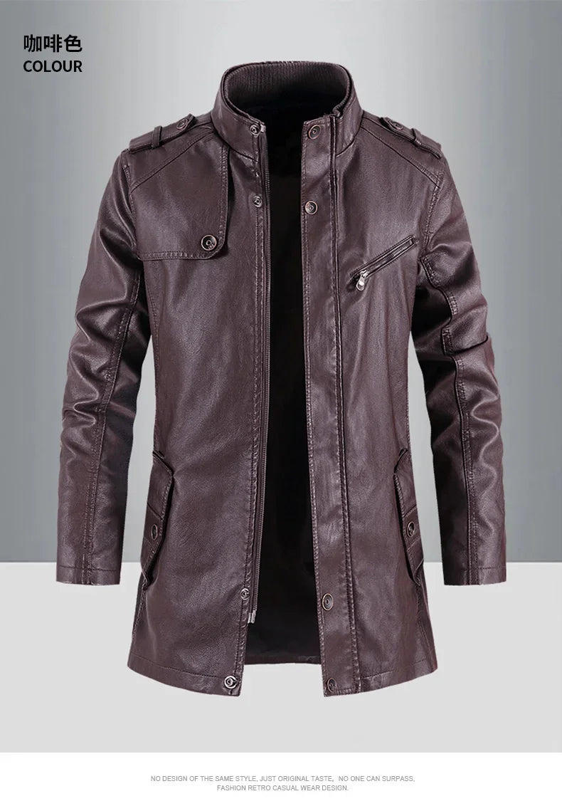 Men's Leather Jacket Autumn and Winter Windproof Standing Collar Motorcycle Tactical Warm Coat Casual Fashion Waterproof Jacket