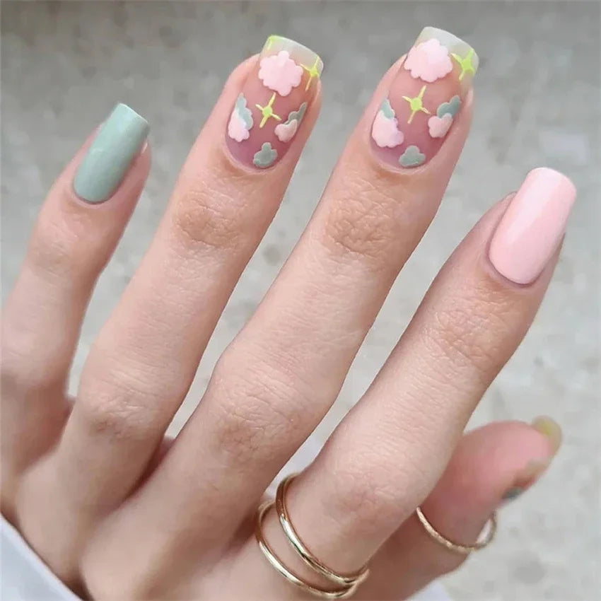 24p Artificial Acrylic Nail Art Fake Nails Full Coverage Removable Press On Nails Tip French Light Pink Heart False Nail Designs