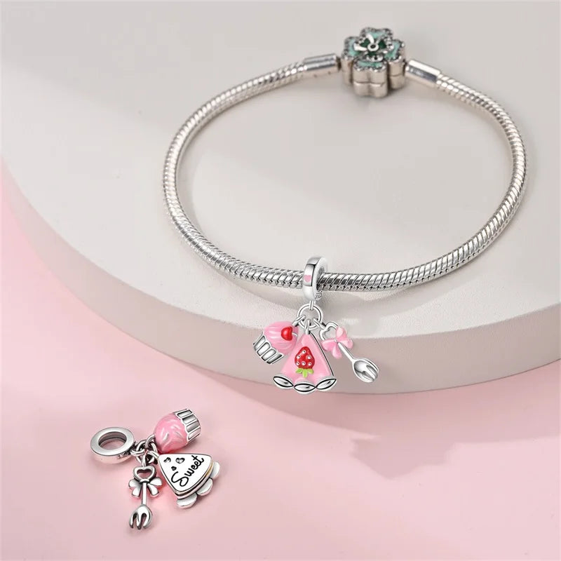 925 Silver Charms Beads Fit 3mm Original Bracelet Game Machine Box Afternoon Tea Dessert Romantic Pink Pendant DIY Jewelry