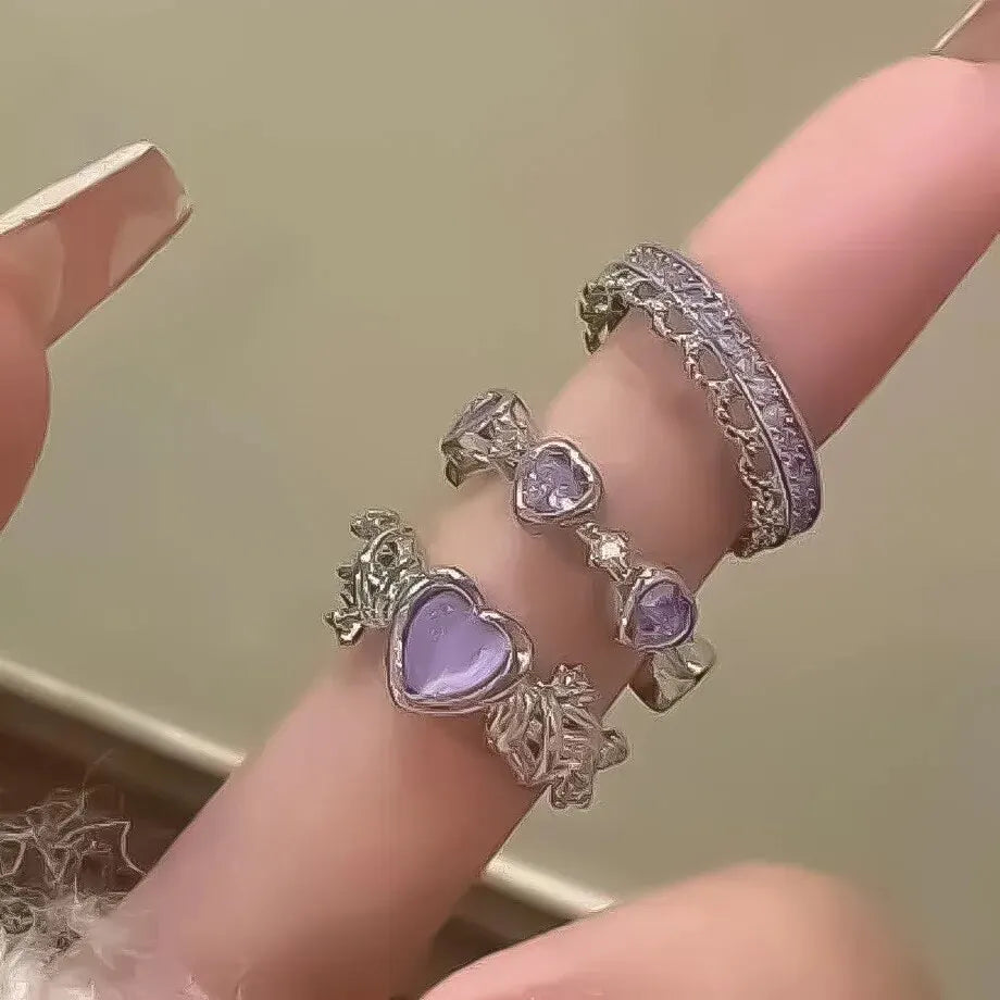 3 Pcs/set Love Heart Rings For Women Girls Light Luxury Rhinestone Opening Ring Sweet Finger Ring Wedding Party Accessories