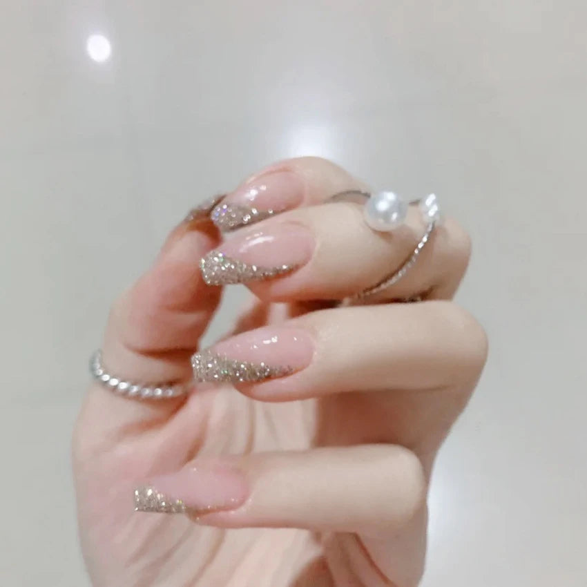 24Pcs Medium Long Ballet Fake Nails Art Flat Head Gold Line Frosted False Nails Press on Full Cover Removable Stick on Nail Tips