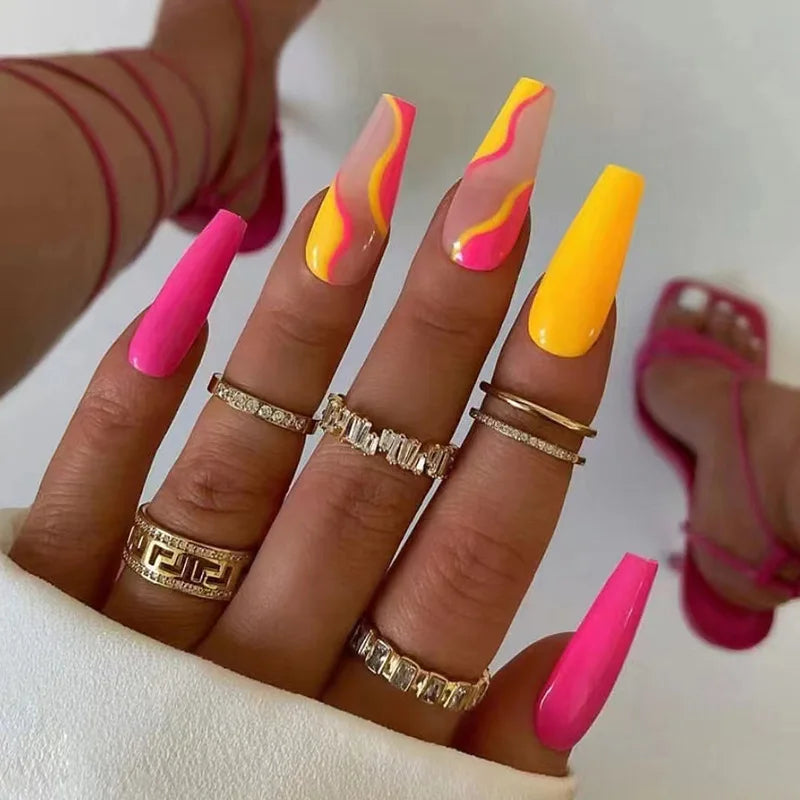 24ps/Box Long Ballerina Full Cover Artificial French False Nails Art Green Graffiti Color Blocking Gold Thread Fake Nail Tips
