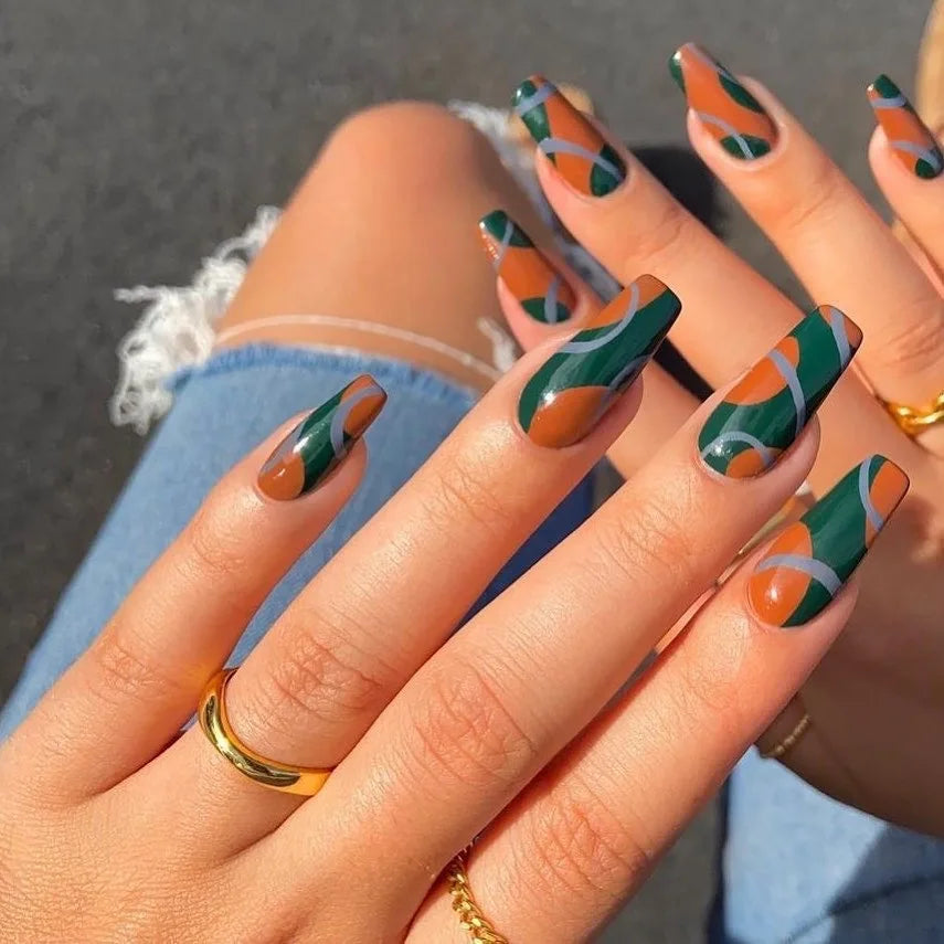 24ps/Box Long Ballerina Full Cover Artificial French False Nails Art Green Graffiti Color Blocking Gold Thread Fake Nail Tips