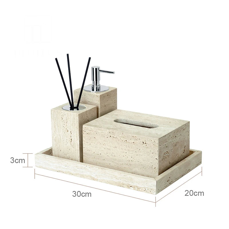 Beige Travertine Bathroom Accessories Set Natural Marble Soap Dispenser Soap Dish Reed Diffuser Vanity Tray Bathroom Set