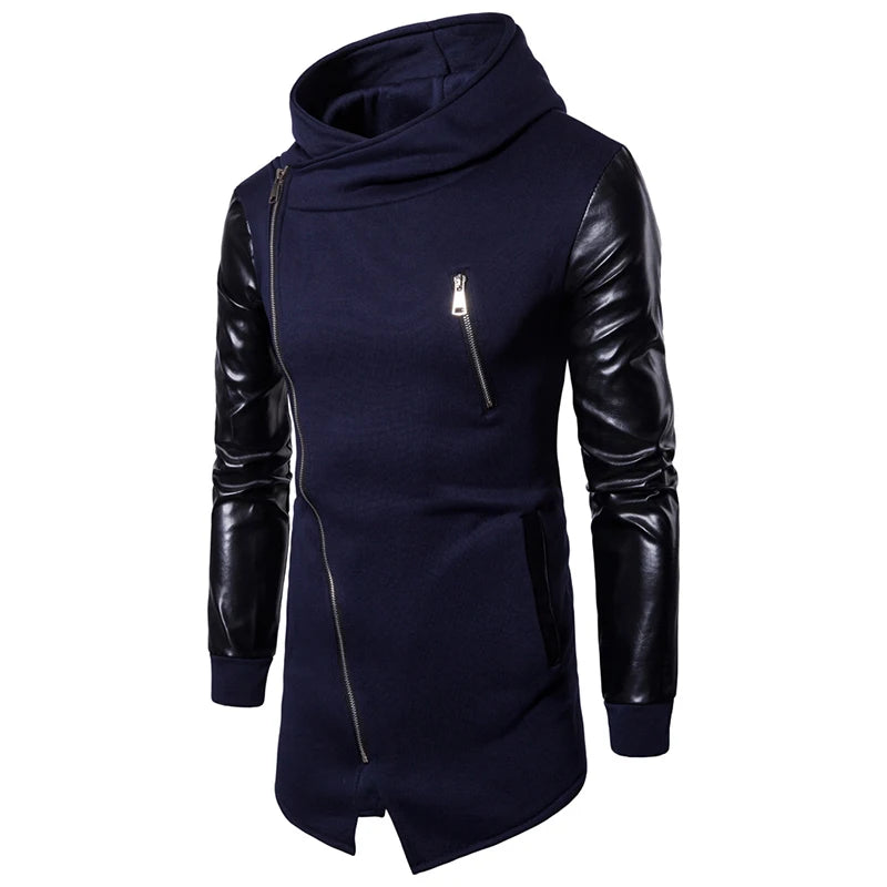 2025 Patchwork Leather Sleeve Fashion Black Tops Men Jacket Coat Spring Autumn Sweatshirt Slim Fit Pullover Tracksuits Masculino