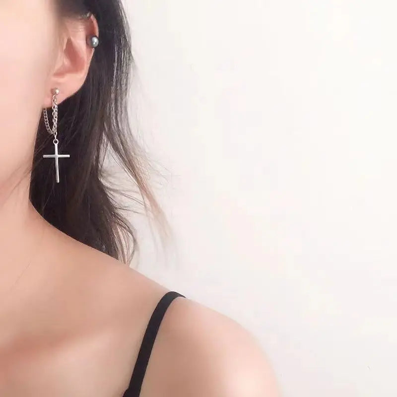 2 Pcs Punk Silver Color Cross Drop Earrings for Women Men Gothic Hip Hop Long Tassel Hanging Earring Jewelry Gift Bijoux