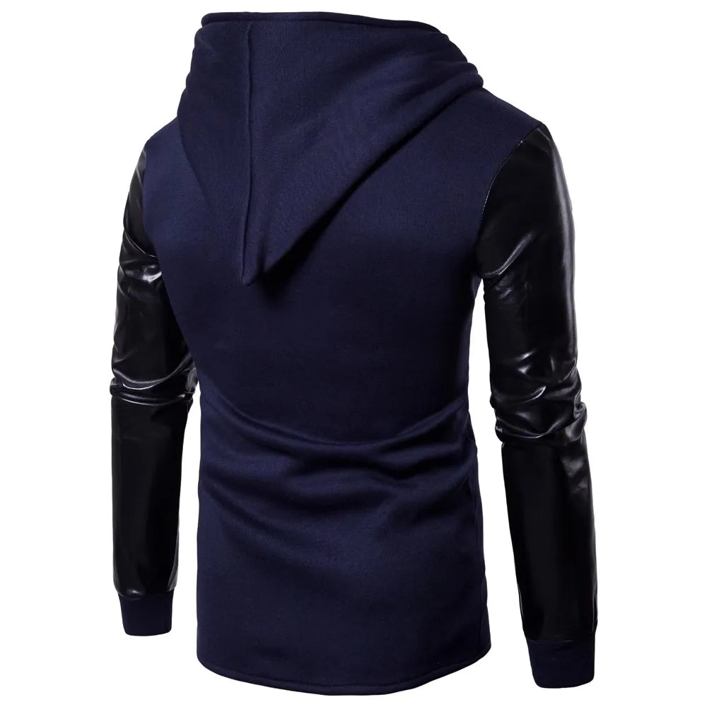 2025 Patchwork Leather Sleeve Fashion Black Tops Men Jacket Coat Spring Autumn Sweatshirt Slim Fit Pullover Tracksuits Masculino