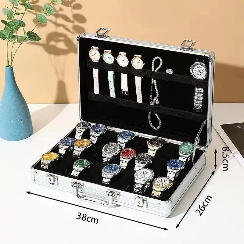 32/12/6 Slots Large Capacity for Jewelry Organization Silver Aluminum Alloy Watch Storage Box Multi-Purpose Metal Box with Lock