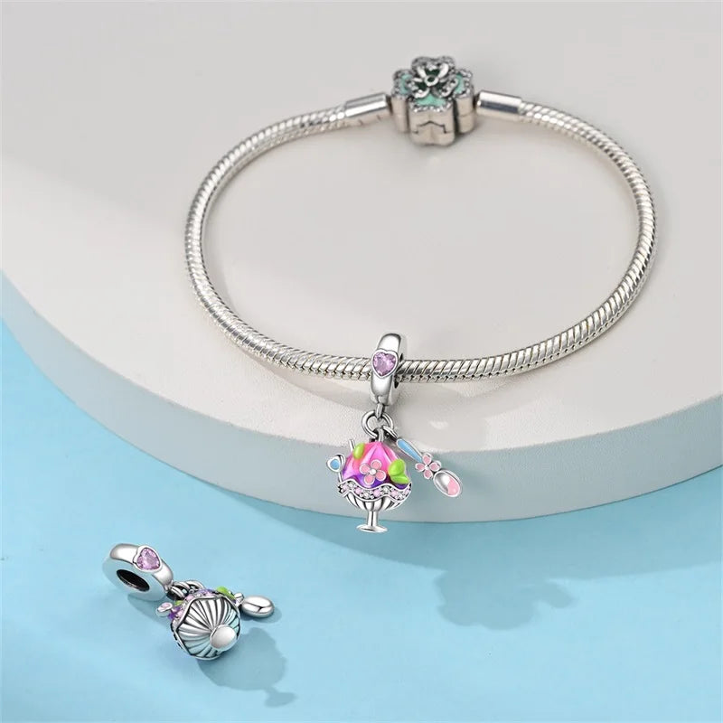 925 Silver Charms Beads Fit 3mm Original Bracelet Game Machine Box Afternoon Tea Dessert Romantic Pink Pendant DIY Jewelry