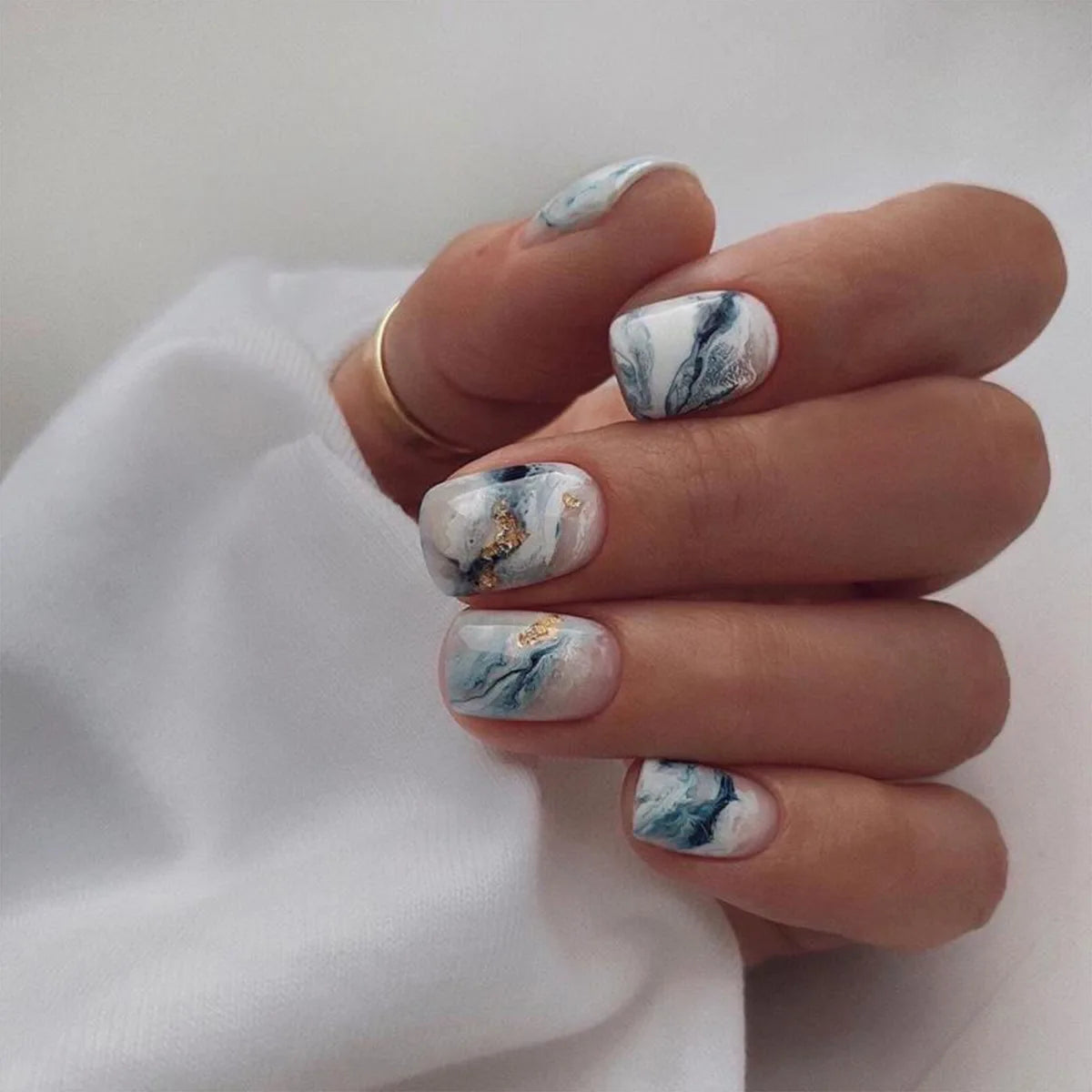 24ps/Box Long Ballerina Full Cover Artificial French False Nails Art Green Graffiti Color Blocking Gold Thread Fake Nail Tips