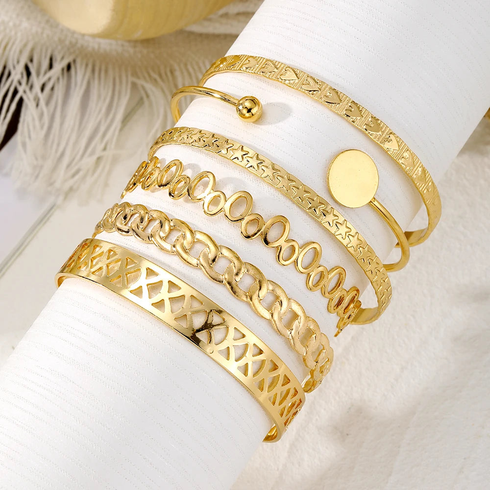 New Elegant Letter Love Bangle Gold Color Heart Flower Hollow Opening Bracelets Set Female Trendy Jewelry