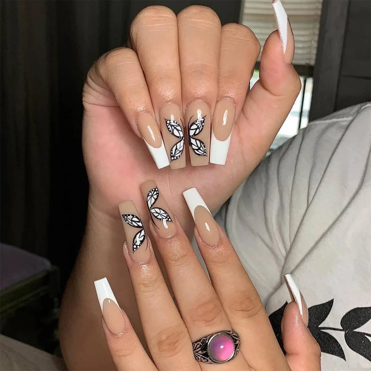 24Pcs Long Ballet Press On Nail Art Wearing Manicure Glitter Point Drill False Nails Removable Full Cover Artificial Fake Nails