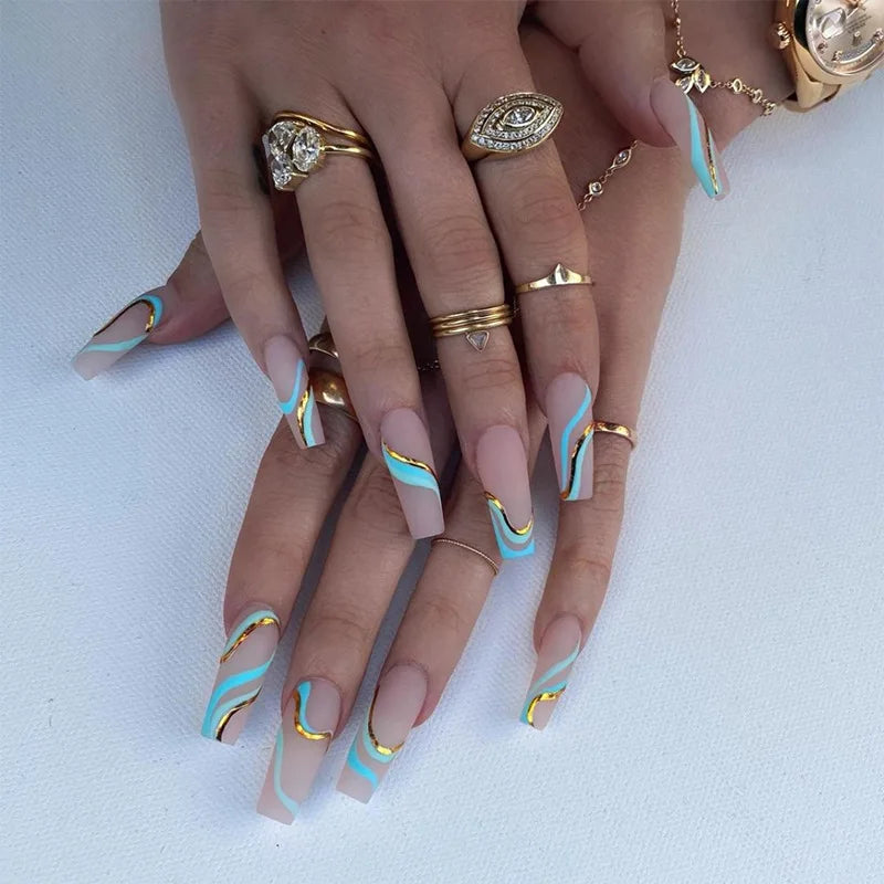 24ps/Box Long Ballerina Full Cover Artificial French False Nails Art Green Graffiti Color Blocking Gold Thread Fake Nail Tips