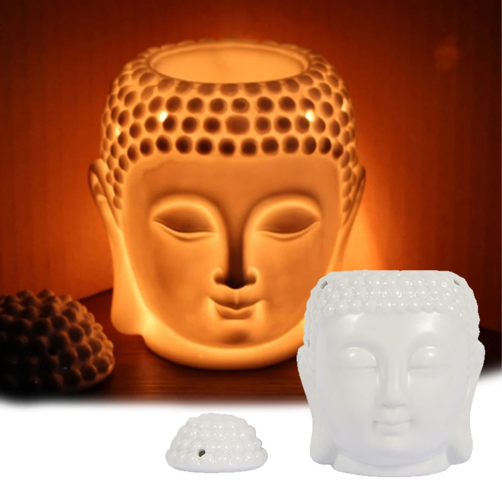 Ceramic Buddha Head Aromatherapy Oil Burner Aroma Essential Oil Diffuser Indian Buddha Tibetan Incense Burner Tealight Holders