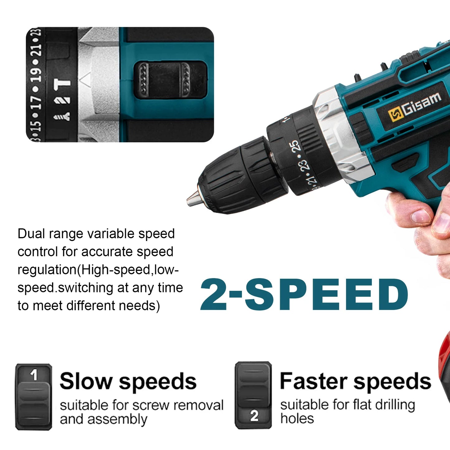 Gisam Battery Impact Screwdriver Multifunctional Cordless Drill Power Tool 25+3 Torque Setting 2 Gear Speed Electric Screwdriver