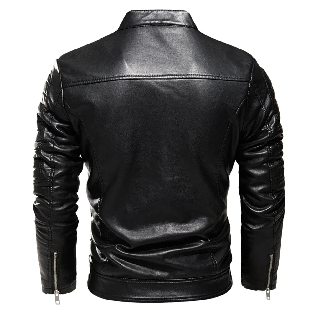 2024 Winter Black Leather Jacket Men Fur Lined Warm Motorcycle Jacket Slim Street Fashion BLack Biker Coat Pleated Design Zipper