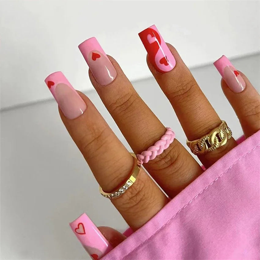 24p Artificial Acrylic Nail Art Fake Nails Full Coverage Removable Press On Nails Tip French Light Pink Heart False Nail Designs