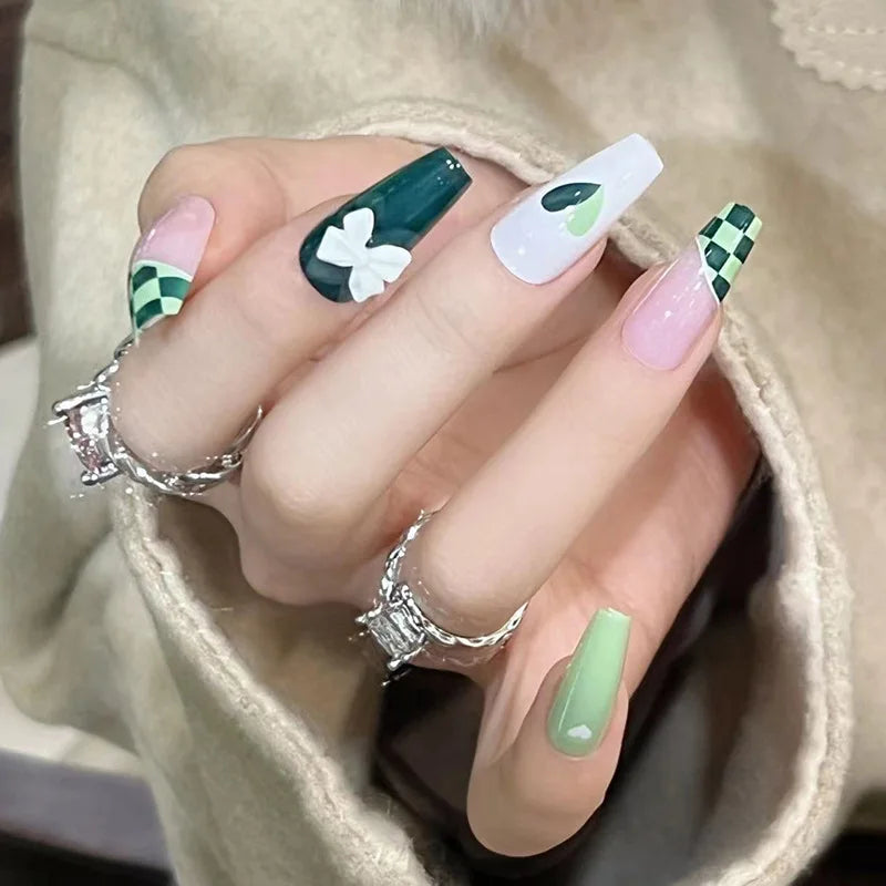 24ps/Box Long Ballerina Full Cover Artificial French False Nails Art Green Graffiti Color Blocking Gold Thread Fake Nail Tips