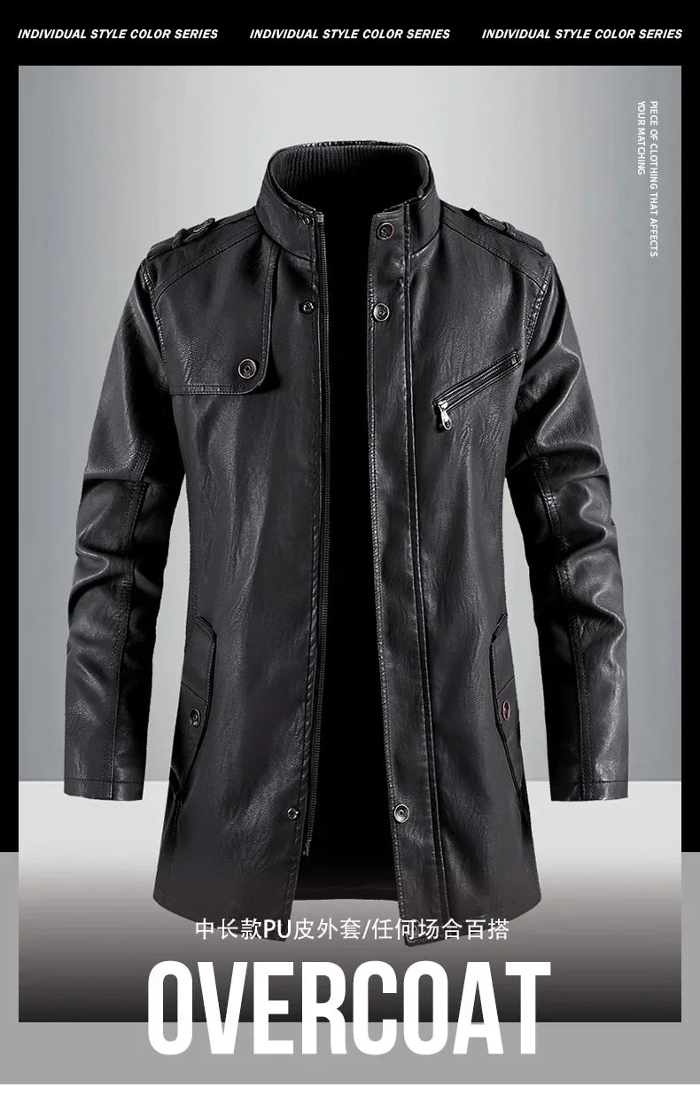 Men's Leather Jacket Autumn and Winter Windproof Standing Collar Motorcycle Tactical Warm Coat Casual Fashion Waterproof Jacket