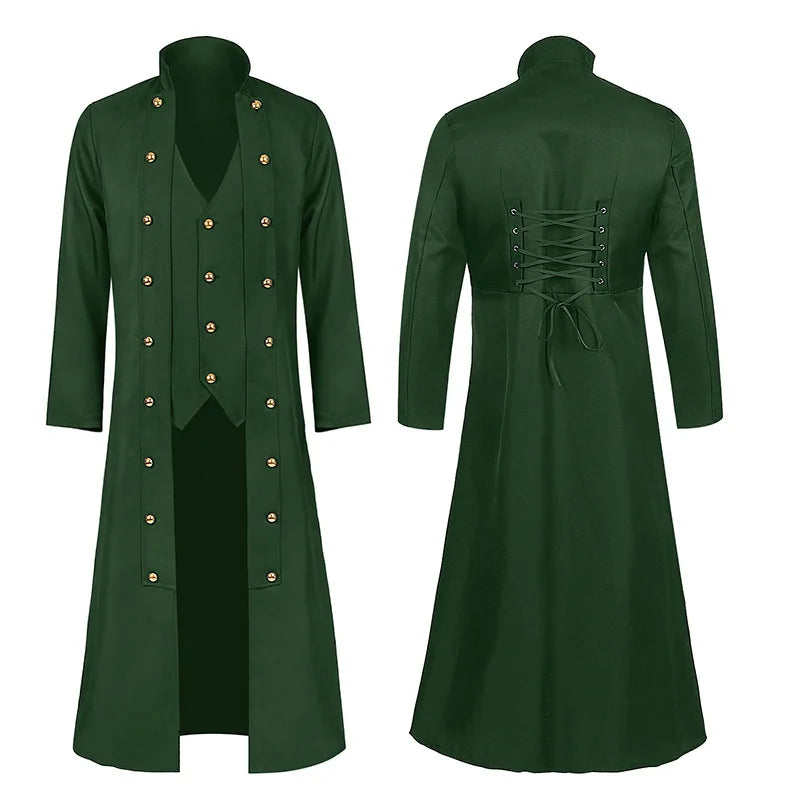 Medieval Men Vintage Costumes Steampunk Gothic Black Long Jacket Coat Vampire Cosplay Pirate Halloween Outfit Men's Trenchcoat