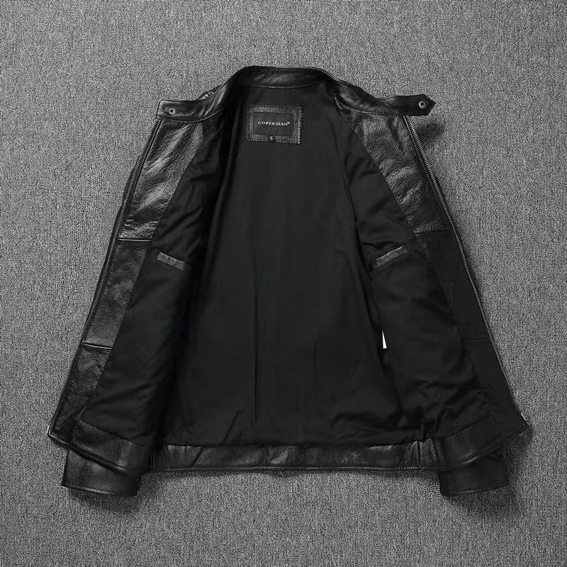 Vintage Black Brown Real Cowhide Genuine Leather Jacket Real Fur Men's Leather Jacket Bomber Men Leather Jacket Motorcycle Coat