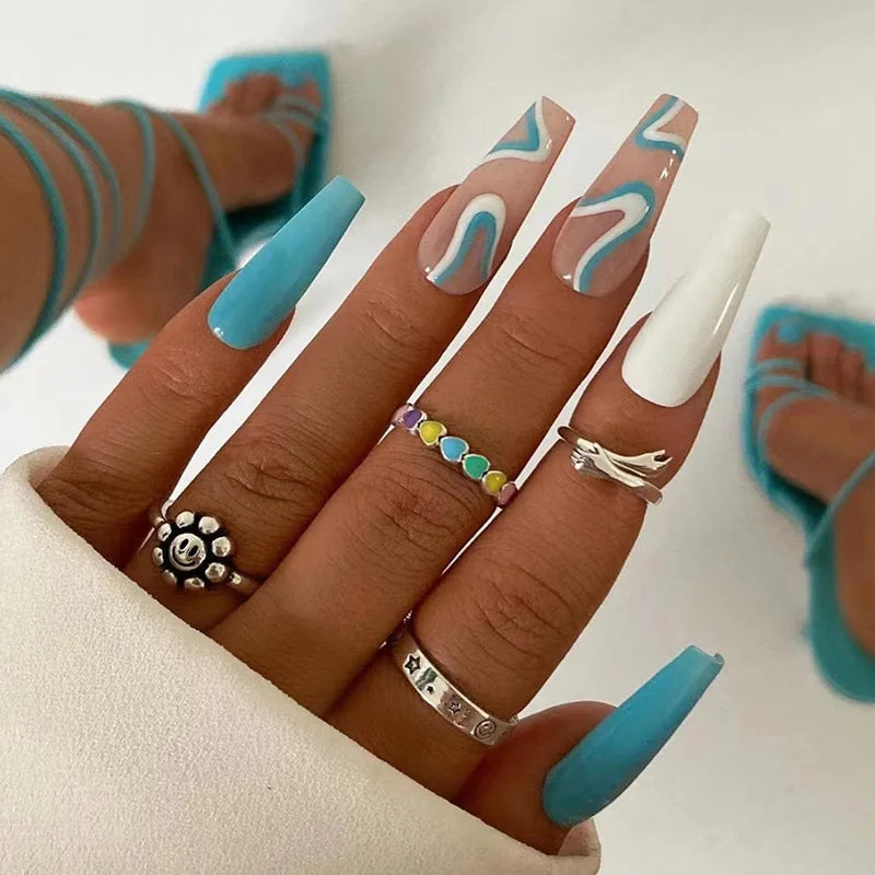 24ps/Box Long Ballerina Full Cover Artificial French False Nails Art Green Graffiti Color Blocking Gold Thread Fake Nail Tips