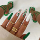 24ps/Box Long Ballerina Full Cover Artificial French False Nails Art Green Graffiti Color Blocking Gold Thread Fake Nail Tips