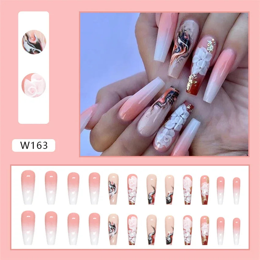 24p Artificial Acrylic Nail Art Fake Nails Full Coverage Removable Pressing Nail Tips Lotus Root Pink Leopard Print False Nails