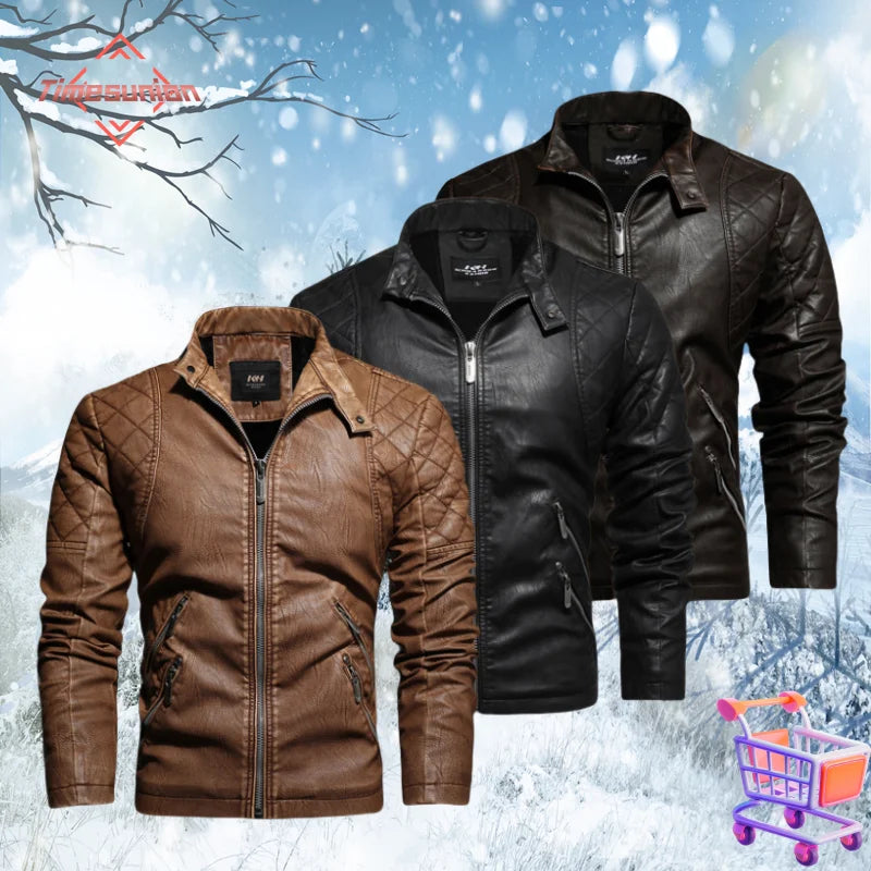Autumn Winter Outdoor Casual Motor Biker PU Leather Jacket Men Fashion Leather Jacket Men Motorcycle Slim Fleece Jacket Coat