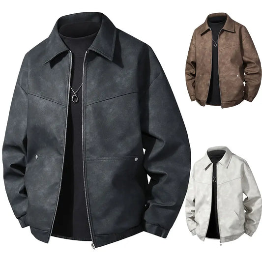 2025 New Men's Vintage Leather Jacket Solid Biker Coat Spring Autumn Double Zipper Oversized Motorcycle Jacket Hot Sale