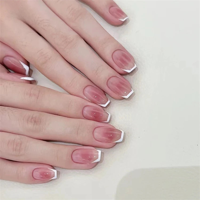 24Pcs Medium Long Ballet Fake Nails Art Flat Head Gold Line Frosted False Nails Press on Full Cover Removable Stick on Nail Tips