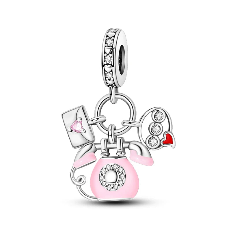 925 Silver Charms Beads Fit 3mm Original Bracelet Game Machine Box Afternoon Tea Dessert Romantic Pink Pendant DIY Jewelry