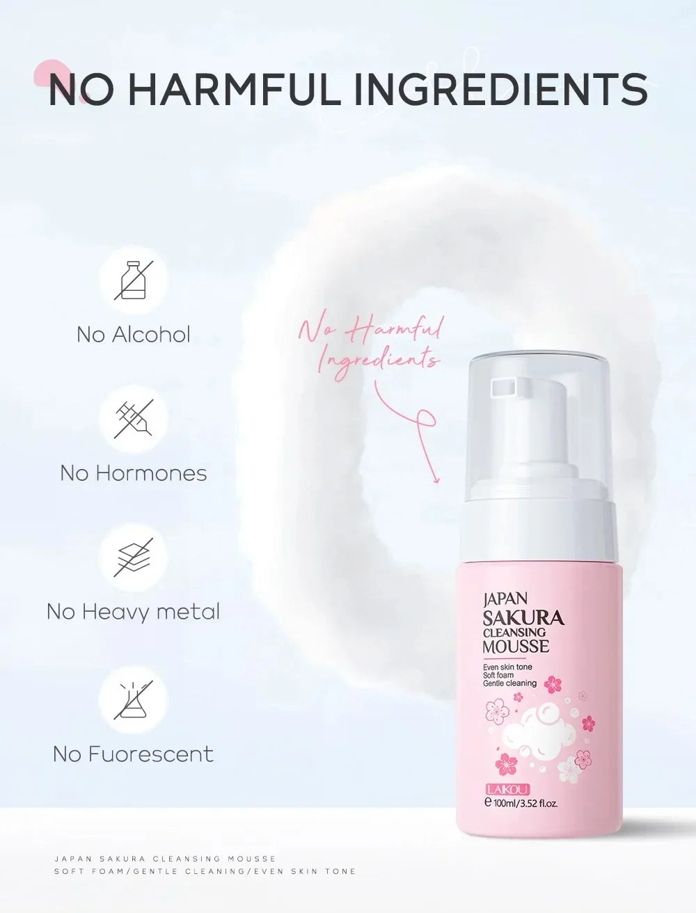 LAIKOU Cherry Blossom Women Facial Cleanser  Face Korean Skin Care Products Original Products 100ml