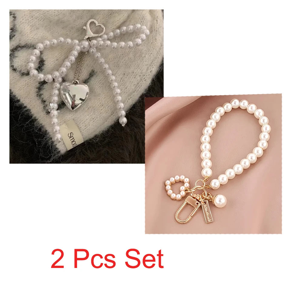 ZAKOL White Bowknot Heart Keychain Women Sweet Charm Pearl Bow Backpack Key Ring Handmade Jewelry Ornament Bags Pendants Gif