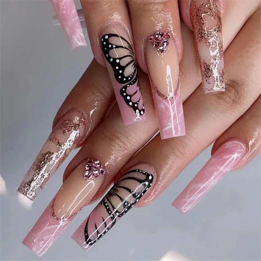 24p Artificial Acrylic Nail Art Fake Nails Full Coverage Removable Pressing Nail Tips Lotus Root Pink Leopard Print False Nails
