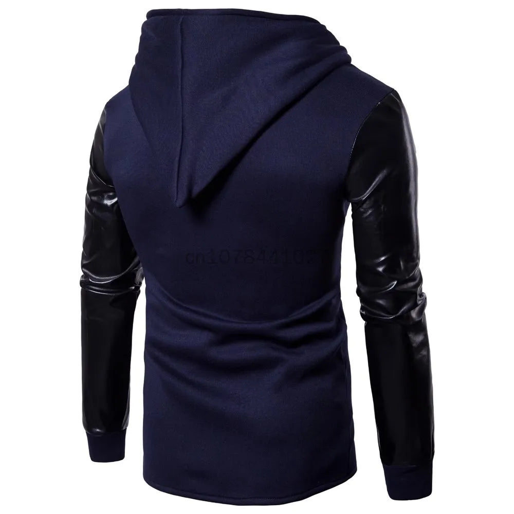 2025 Patchwork Leather Sleeve Fashion Black Tops Men Jacket Coat Spring Autumn Sweatshirt Slim Fit Pullover Tracksuits Masculino