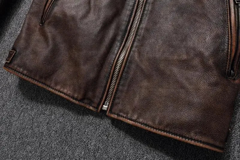 Vintage Black Brown Real Cowhide Genuine Leather Jacket Real Fur Men's Leather Jacket Bomber Men Leather Jacket Motorcycle Coat