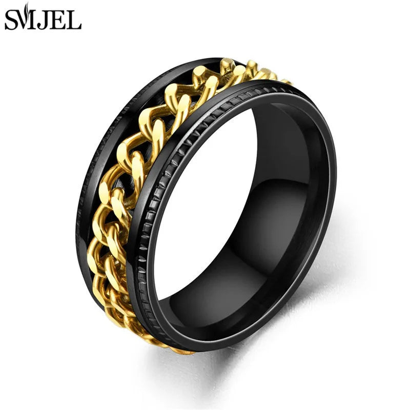 Cool Stainless Steel Rotatable Chain Men' Ring Multifunctional Fashion 8mm Fidget Spinner Rings Couple Jewelry bague homme 2024