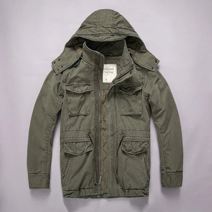 Men's Long Sleeved Hooded Camouflage Jacket Multi Bag Mid Length Storage Outdoor Trekking Camping Riding Sport Tops Amekaji Coat