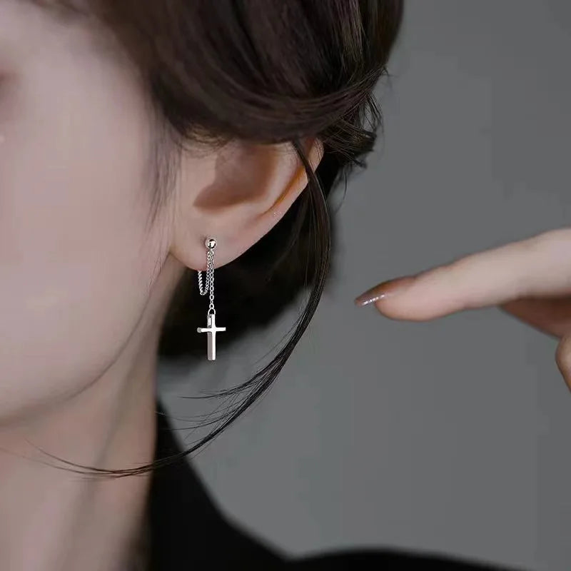 2 Pcs Punk Silver Color Cross Drop Earrings for Women Men Gothic Hip Hop Long Tassel Hanging Earring Jewelry Gift Bijoux